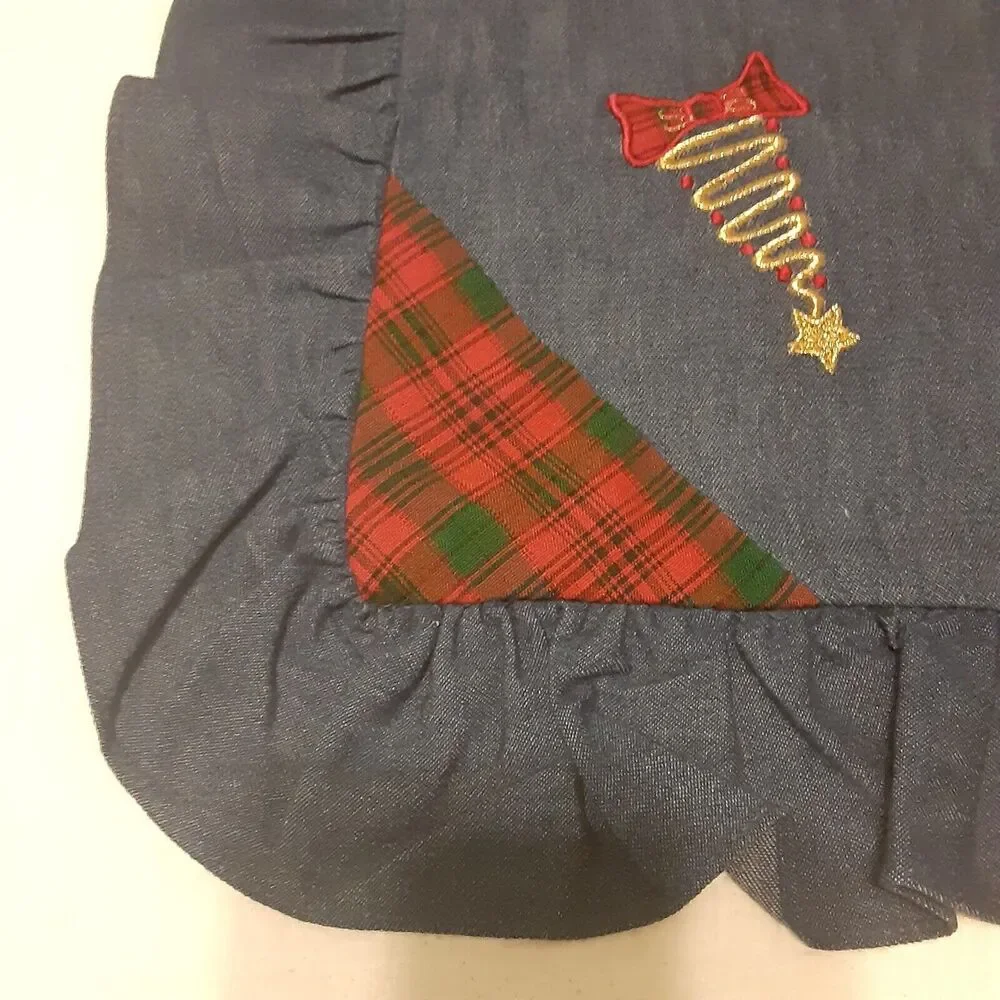 Handmade Embroidered Tartan Ruffled Zip Pillow Case Denim Tone Christmas